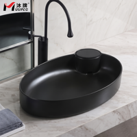 Lavabo ovale moderne avec égouttoir, facile à nettoyer, aspect pierre, entièrement en céramique cristallisée, à poser sur comptoir, noir mat, avec levier
