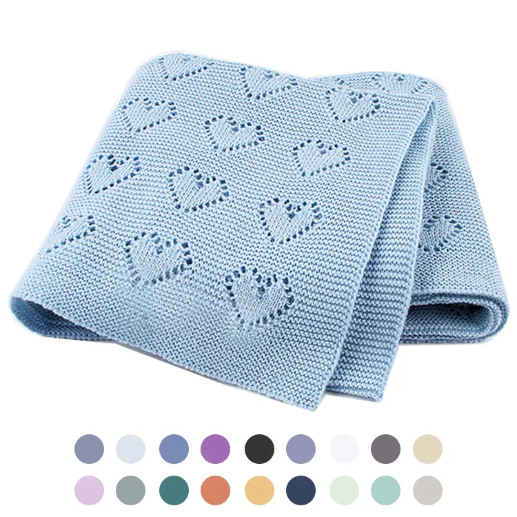 2022 Thin Summer Blue Heart Embroidery Knit Cotton Soft Crochet Baby Blankets For Newborns