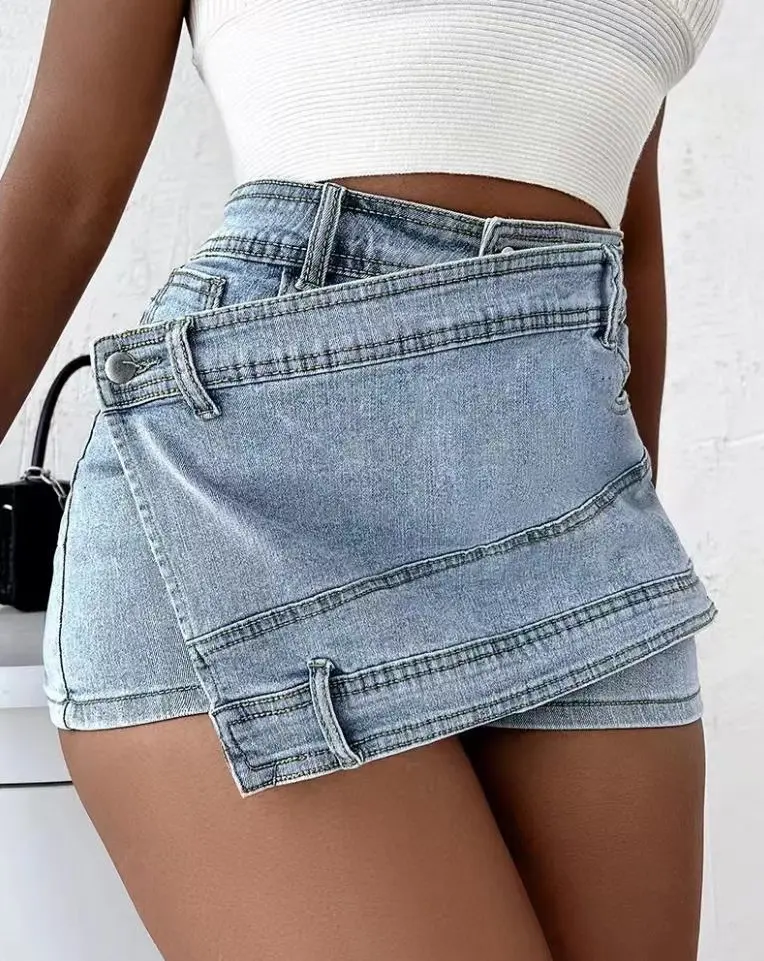 Zhezhe Hot Bán Cộng Với Kích Thước 5XL Phụ Nữ Denim Mini Váy Cao Eo Jeans Phụ Nữ Vận Chuyển Hàng Hóa Váy Với Túi Mỏng Phù Hợp Với Ngắn Váy