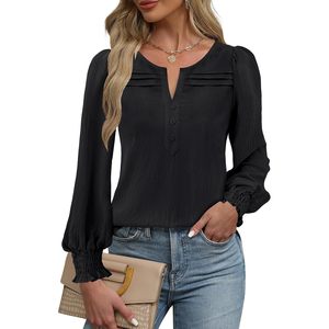 Chemisier en mousseline pour femme à manches longues bouffantes, boutonné, col en V, décontracté, pour le travail, tenues d'automne 2026 - Product Image 1