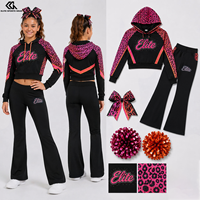 Ensemble de réchauffement personnalisé avec logo, imprimé léopard et strass, comprenant un sweat à capuche respirant, un nœud de cheerleading et un pompon, idéal pour studio de danse