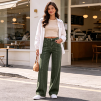 Jean droit taille haute à couture avant pour femme, coupe ample, en denim vert, vente en gros usine