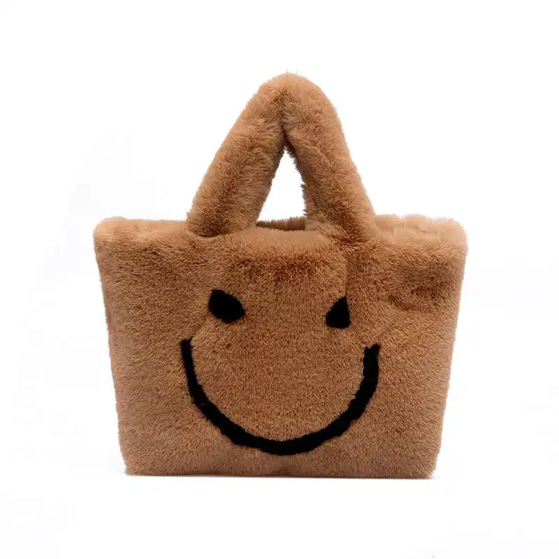 High quality faux fur smiley face handbag selling hot fur backpack lady velvet purse