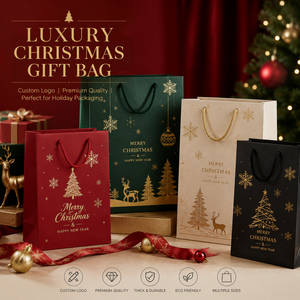 Bolsa <span class=keywords><strong>de</strong></span> <span class=keywords><strong>Papel</strong></span> <span class=keywords><strong>de</strong></span> Regalo <span class=keywords><strong>de</strong></span> Navidad <span class=keywords><strong>de</strong></span> Lujo con Logotipo Personalizado, Asa <span class=keywords><strong>de</strong></span> Cinta con Lámina Dorada, Empaque Premium para Compras <span class=keywords><strong>Navideñas</strong></span>, Venta al Por Mayor - Product Image 1