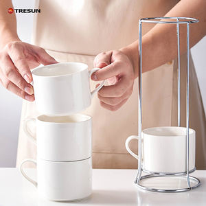 Lot de 4 tasses à expresso en céramique blanche avec soucoupes, 8 oz, empilables, pour cappuccino, avec support métallique - Product Image 2