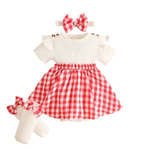 ชุดเดรสลายสก็อตสีแดงแขนสั้นระบาย 3 ชิ้น สำหรับเด็กทารก เด็กวัยหัดเดิน เด็กผู้หญิง พร้อมโบผูก<span class=keywords><strong>ผม</strong></span>และที่คลุมเท้า - Product Image 5