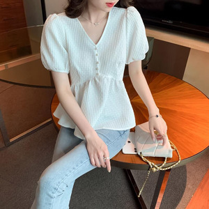 Camicetta Elegante in Chiffon Stile Coreano per Donne e Ragazze, Nuova Moda con Scollo a V, Maniche Corte a Sbuffo, Decorazione con Bottoni, Tinta Unita Lavorata a Maglia - Product Image 3