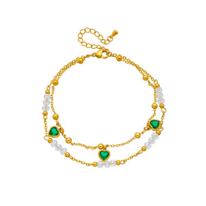 Vintage Emerald Heart Two Layers Anklet Gold Plated Stainless Steel Transparent Crystal Bead Tiny Ball Charm Beaded Anklet - Product Image 6