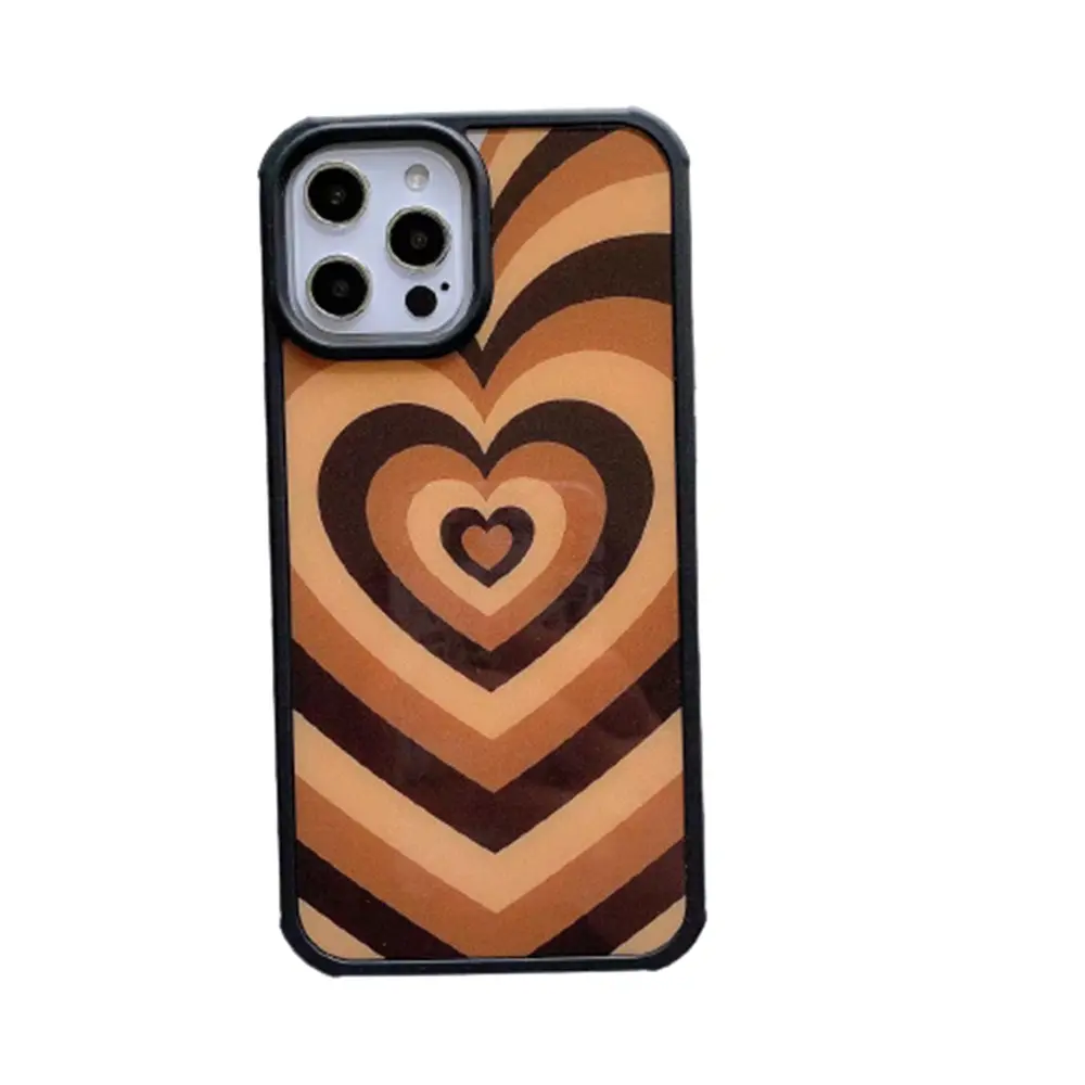 Black Bumper Shockproof Coffee Brown Heart Phone Case for iPhone 7 to 12 Pro Max