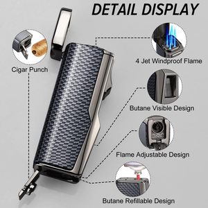Briquet à cigare en métal avec logo personnalisé, coupe-cigare trois trous, flamme jet, butane, rechargeable par USB, coupe-vent, écologique, gonflable - Product Image 2