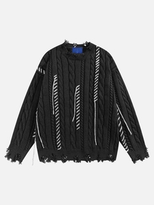 <span class=keywords><strong>Pull</strong></span> en maille torsadée délavée pour homme en <span class=keywords><strong>noir</strong></span> avec détails de surpiqûres blanches, col effiloché et coupe ample - Product Image 2