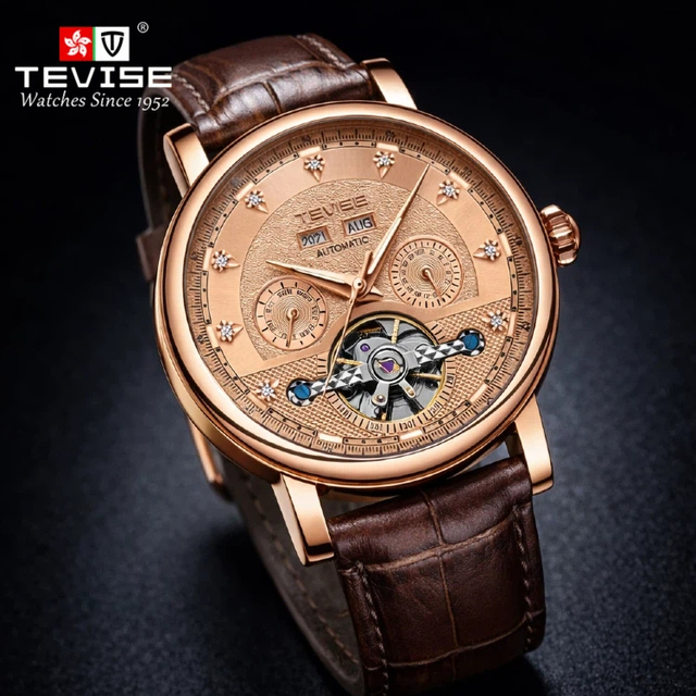Tevise Custom Men's Business Automatic Mechanical Watch Tourbillon Movement Waterproof Leather Strap 45mm Dial