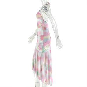 Vestido Maxi Halter de Mujer con Estampado de Acuarela, Corsé Fruncido y Dobladillo Asimétrico con Volantes - Moda - Product Image 5