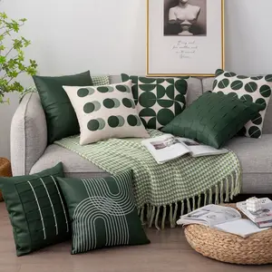 2024 Luxe Groene Serie Faux Leer Ambachtelijke Kussensloop Trendy Geometrische Patroon Sofa Kussenslopen Kussenslopen