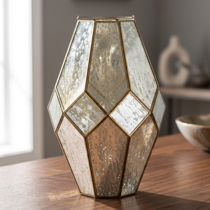 Diamond Shape Mercury Glass <b>Lantern</b> With <b>Gold</b> Frame For Home Decoration - Product Image 3