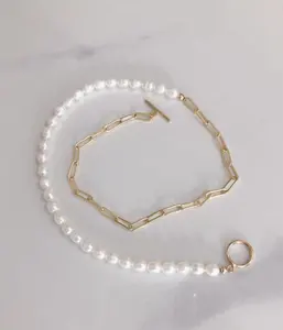 Casual High Quality Pearl Necklace OT Buckle Chain Necklace Stainless Steel Half Paperclip Chain Half Pearl Connected Necklace
