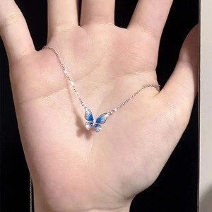 Blue Butterfly Necklace Zinc Alloy Enamel Epoxy Pendant Women's Collarbone Chain Gift Jewelry - Product Image 1