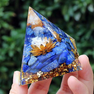 <b>Crystal</b> <b>Chip</b> Pyramid Resin Epoxy Craft Desktop Ornament With Lotus Lapis Lazuli Feng Shui Design For Living Room - Product Image 2