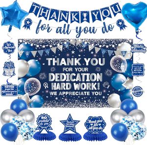 Striscione 'Ti Apprezziamo' per Decorazioni di Pensionamento, Sfondo Blu e Argento 'Grazie per Tutto <span class=keywords><strong>Ci</strong></span>ò Che Fai', Centrotavola a Nido d'Ape - Product Image 1