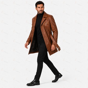 <b>Men's</b> Brown Leather Breathable X-Long Trench Coat Belt Turn-down Collar Double Breasted Design Puff Printing Fashion Streetwear - Product Image 2
