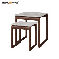 Table basse gigogne minimaliste en marbre Calacatta, série Brig, structure en noyer massif, extensible, pliable, mobile, hauteur réglable