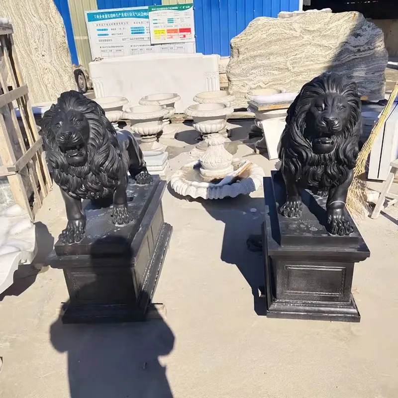 Custom Hand carved stone lion black color high polished granite stone lion statues lion statue For Sale