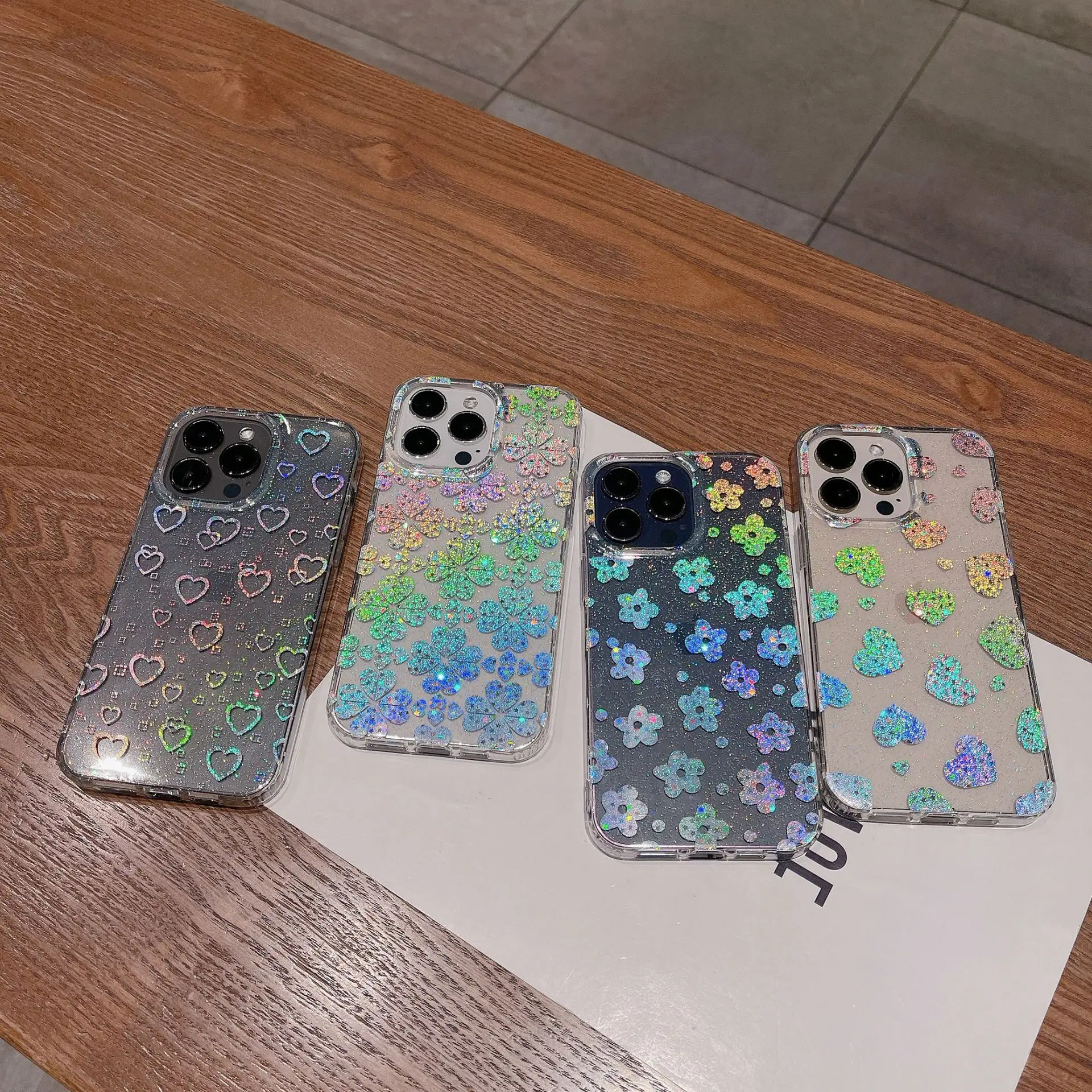 IMD laser glitter love flower double-sided coating mobile phone case For iPhone 15 14 13 Pro Max