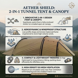 Tente tunnel et auvent 2-en-1 : Conception innovante double usage, ultra-légère et compacte pour le trekking - Product Image 5
