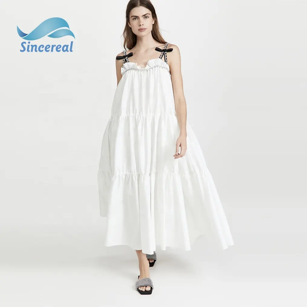 Custom summer ladies seaside style halter elegant maxi dress white loose tiered crystal straps shirred long ruffles dress