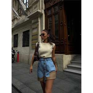 Autumn Cute Short Denim <b>Skirt</b> Distressed Washed Leather Trim Button Closure <b>Y2K</b> Vintage Style-Beige Midi Maxi Slit Waist - Product Image 6