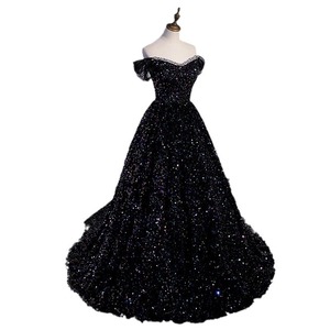 Off The Shoulder Evening Gown Women Black Sequined Sparkly Dress Wedding Hostess Vocal Performance Costume - Product Image 5