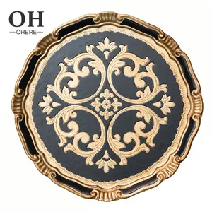 Wholesale wood wedding underplates black creative hand carved flower party wooden plate charger royal style wedding supply