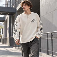Nouvelle Arrivée Sweat-shirt Homme en Maille Gaufrée à Col Boutonné Manches Longues Imprimé Sérigraphié Épaules Tombantes Style Décontracté Streetwear