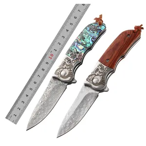 6.7 Inches Rose Wood Resin Wooden Handle Damascus Knife Outdoor Camping Hunting Folding Pocket Knife with Belt Clip and Sheath