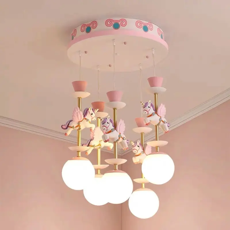 Creative girl room Pink wooden horse unicorn kids princess chandelier pendant light for children