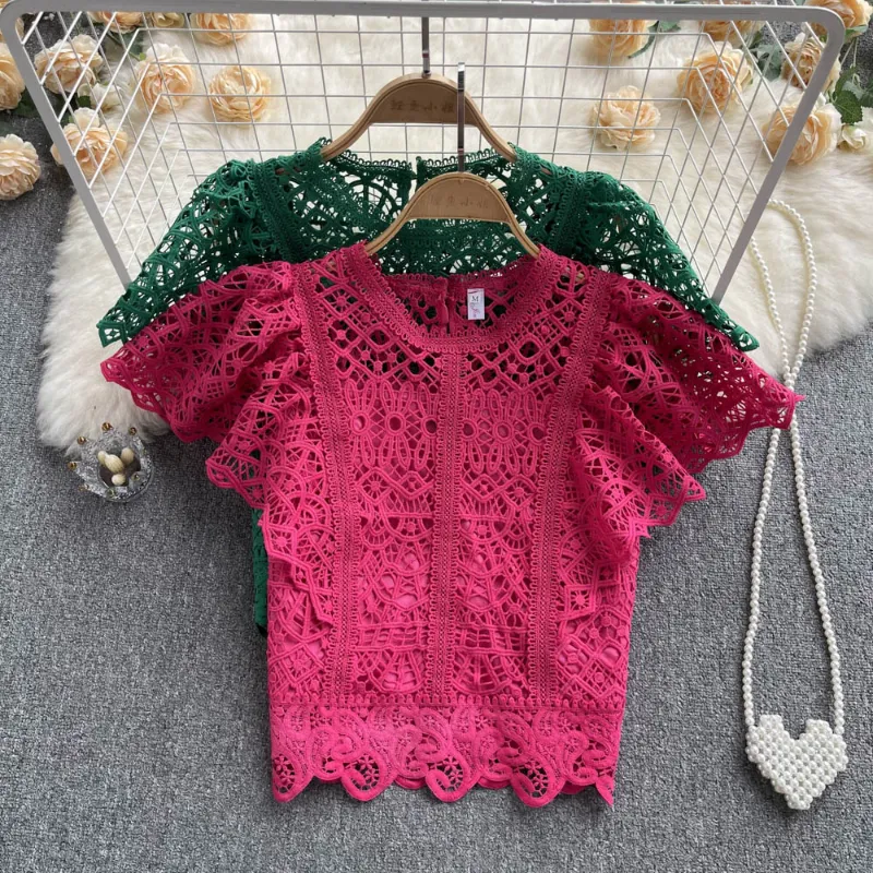 2022 Summer Elegant Blouse Slimming Flying Sleeves Ladies' Short Top Fashion Lace Solid Color Women's Sleeveless Shirt