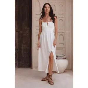 Clothing Manufacturers Custom Lady's Shirred Bodice Summer Casual Dress With Self-tie Women's Sleeveless Midi Elegant Dress