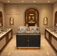 Comptoir de présentation de bijoux noir avec éclairage LED chaud, vitrine verticale en verre trempé pour bijouterie.