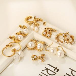 2024 Trendy <b>Fashion</b> Jewelry Wholesale Bulk Stainless Steel 18K PVD Gold Statement Plated Drop Pearl <b>Hoop</b> Dangle <b>Earrings</b> Women - Product Image 3