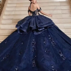 S3953L 2026 Abito <span class=keywords><strong>da</strong></span> Cerimonia Blu Navy con Applicazioni, Spalle Scoperte, Gonna Principessa in Tulle Colorato e Vaporoso, Vestito <span class=keywords><strong>da</strong></span> <span class=keywords><strong>Sera</strong></span> - Product Image 3