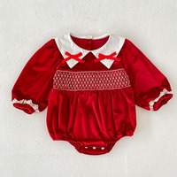 Robe-bodysuit en velours smocké rouge à col Claudine pour bébés filles, tenue de Noël assortie pour frères et sœurs