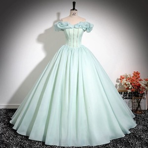 Off The Shoulder Chiffon Ball Gown Blue Green Empire Waist Ruffles Princess Style Evening Dress For Women - Product Image 1
