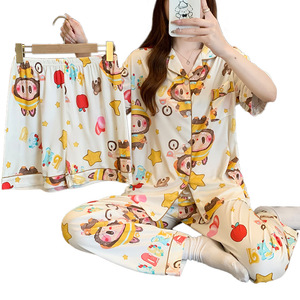 여자의 캐주얼 <span class=keywords><strong>Labubu</strong></span> 가정 옷 봄 여름 얇은 반팔 3 피스 파자마 세트 만화 도매 ODM - Product Image 3