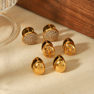 Pendientes de botón de acero inoxidable chapados en oro de 18 quilates con circonita completa, redondos y geométricos, para mujer, regalo - Product Image 2