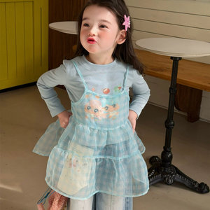 Tongxingyuan Girls Spring Korean Style Suspender Mesh Dress T Shirt Set Wide Leg Jeans Breathable Fashion Outfit - Product Image 3