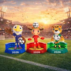 Lot de souvenirs officiels Coupe du Monde FIFA 2026, version directe usine, avec figurines Clutch, Zayu et Maple en ABS de 6 cm - Product Image 1