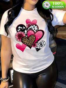 T-shirt da donna in puro cotone a maniche corte, girocollo, con stampa leopardata a cuori e floreale, vestibilità casual e confortevole, traspirante per tutte le stagioni, lavabile in lavatrice - Product Image 3