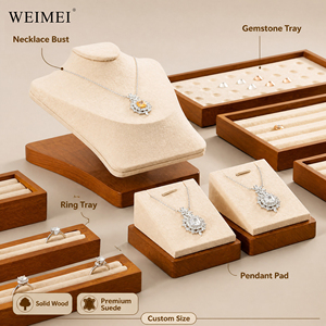 WEIMEI Cream Velvet Wood & Leather <b>Ring</b> Trays <b>Necklace</b> Bust Earring Trays for Boutique Jewelry Store Counter Jewelry Display Set - Product Image 1
