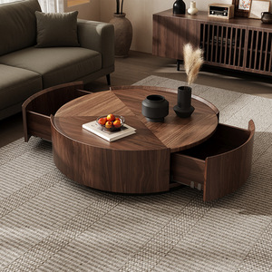 Mesa de centro redonda de madera de nogal, estilo vintage, muebles de salón, gran capacidad, multifuncional, mesa de almacenamiento sencilla - Product Image 2