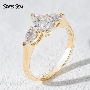 Bague en or massif 10 carats certifiée IGI Starsgem, diamant taille poire, trois pierres, couleur or, bijoux de fiançailles et de mariage - Product Image 2